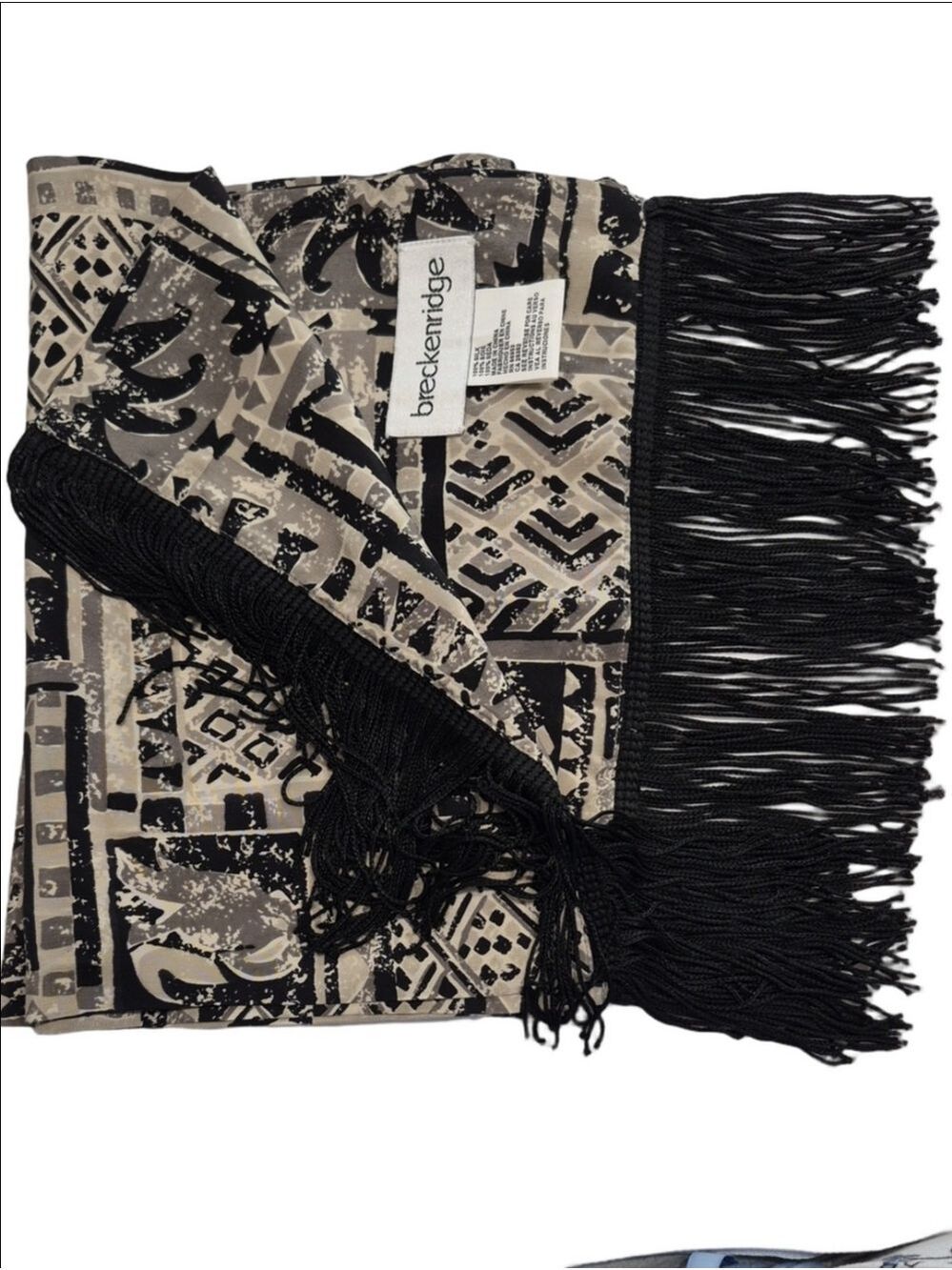 Breckenridge Vintage 100% Silk Patchwork Tribal Oblong Scarf Fringe Accent